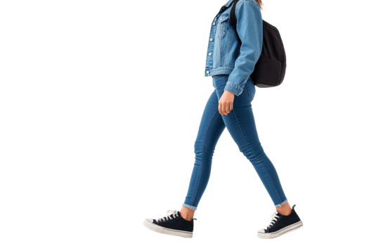 Casual stroll in trendy outfit with denim jacket and sneakers png