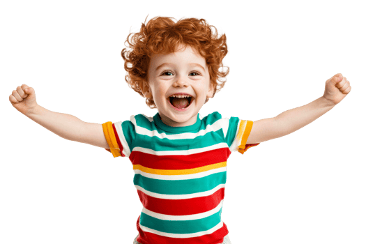 Happy child celebrating with arms raised in colorful striped shirt png