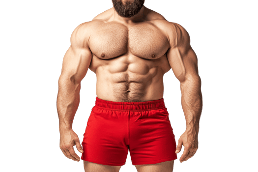 Muscular man showcasing physique in red shorts png