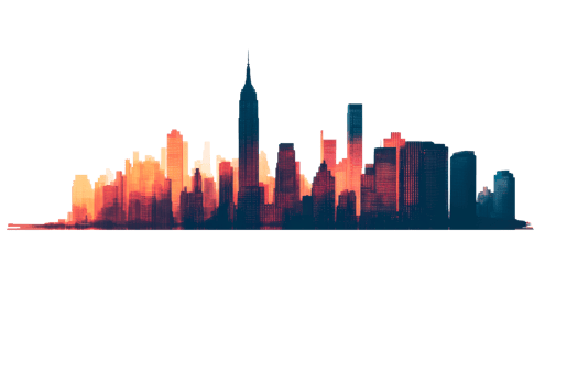 City skyline silhouette at sunset with vibrant colors and shadows png