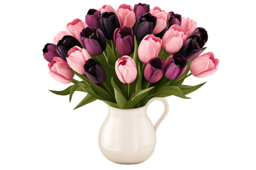 Colorful tulip bouquet in a white vase on a transparent background png