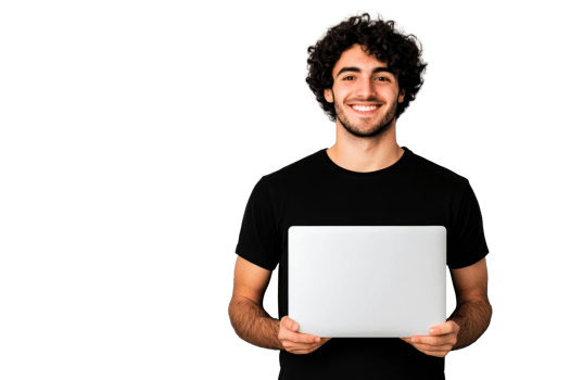 Young man smiling while holding a laptop in a bright setting png