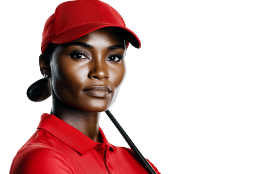 Confident golfer wearing red attire with golf club indoors png