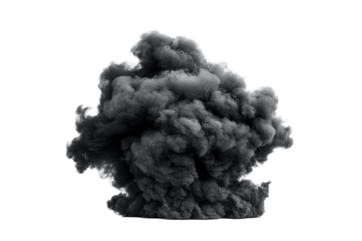 Dark smoke plume rising against a transparent background png