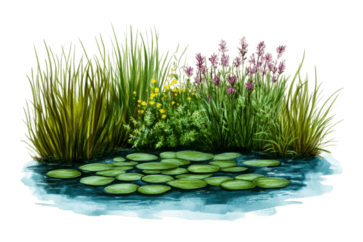 Lush pond landscape with lily pads and vibrant wildflowers png
