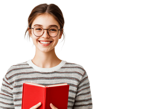 Young girl smiling with red book against transparent background png