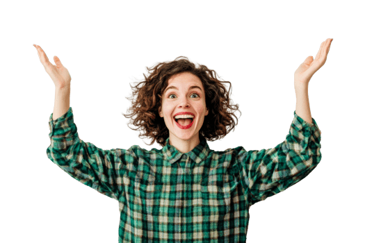 Woman celebrating with joy and excitement in a checkered shirt png