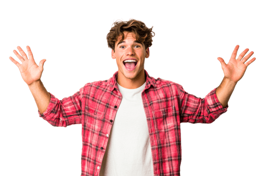 Cheerful young man expressing happiness with raised hands png
