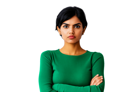 Confident woman in green top with crossed arms, transparent bg png