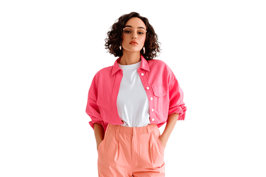 Woman in pink shirt and peach pants on clear background png