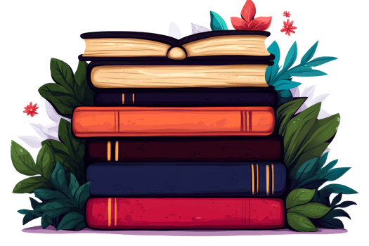 Stack of colorful books surrounded by green leaves and flowers png