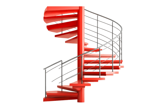 Spiral staircase design with bright red steps and modern railing png