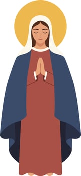 A serene woman in prayer wearing a flowing robe with a halo, depicted in a minimal flat design style, conveying tranquility and reverence in art vector