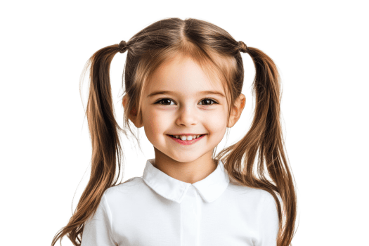 A girl with long brown hair in pigtails is smiling brightly png
