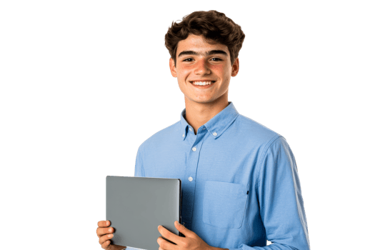 Young man smiling while holding a tablet in a friendly manner png