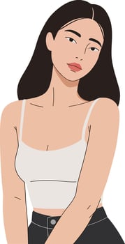 Portrait of a confident young woman with long hair, wearing a casual top, in a minimal flat design illustration vector