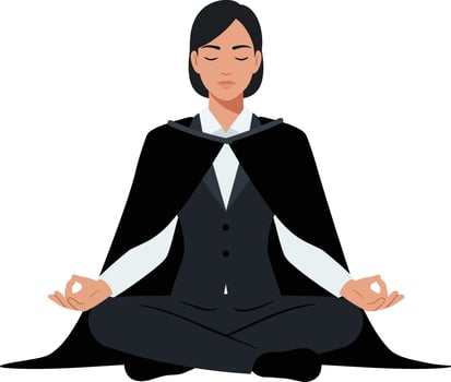 A woman in a business suit meditating peacefully while wearing a black cape in a flat art style, conveying calmness and focus in a serene atmosphere vector