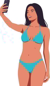 Young woman in a turquoise bikini taking a selfie with a smartphone in a cheerful, bright, minimal illustration vector