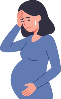 Pregnant woman in a blue dress showing signs of stress and discomfort in a minimal flat illustration vector