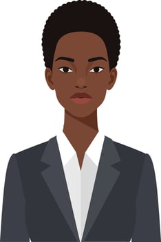 Confident woman in a dark suit with short hair, minimal flat design, showcasing professionalism in illustration vector