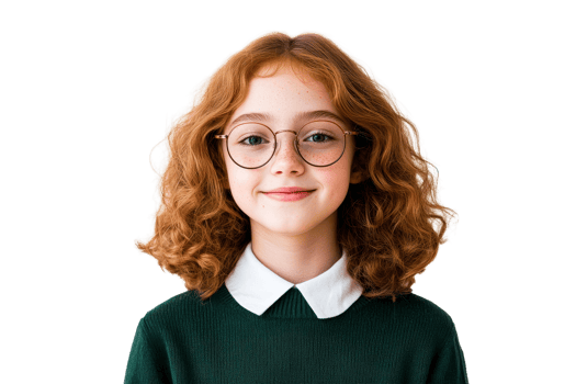 Young girl with curly hair and glasses smiles with confidence png