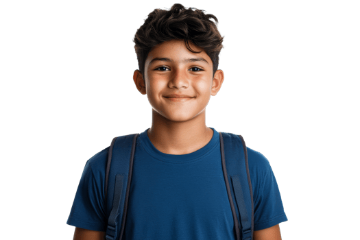Young boy with backpack smiling against transparent background png
