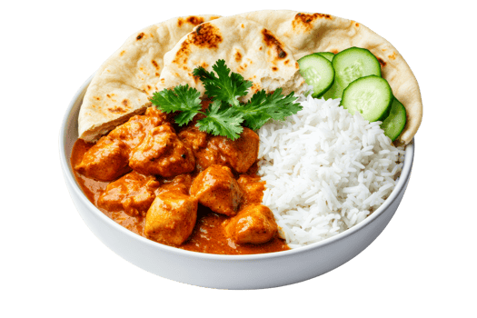 Creamy chicken curry with naan and rice on clear background png