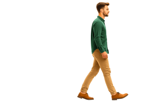 Man walking casually in a green shirt and tan pants png