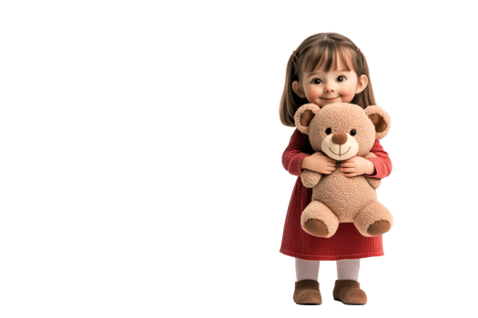 Little girl with teddy bear in a red dress on a transparent background png