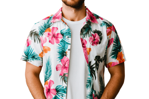 Tropical floral shirt worn by a man with a neutral background png
