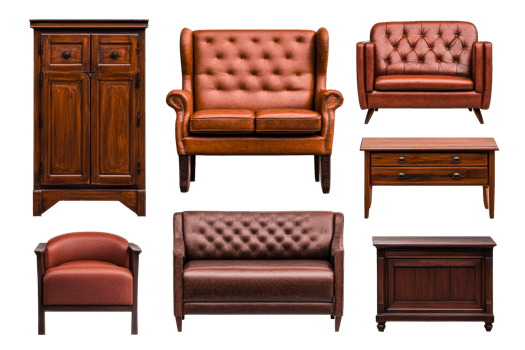 Brown leather furniture with wood accents, vintage style png