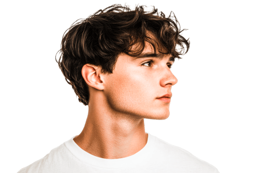 Curly haired young man in profile on transparent background png