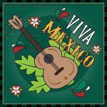 Guitar with leaves and floral Viva Mexico text. vector