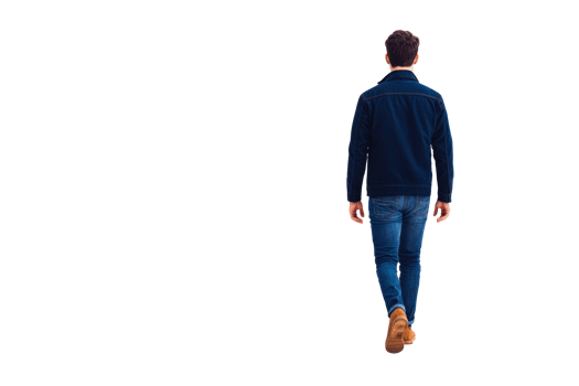 Man walks away in jeans and jacket, back view, full length, cut out transparent png