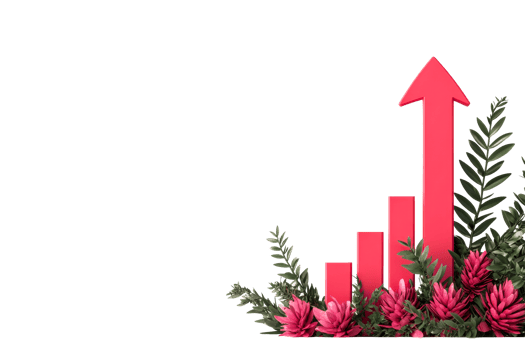 Growth chart, upward trend, decorative flower arrangement, cut out transparent png