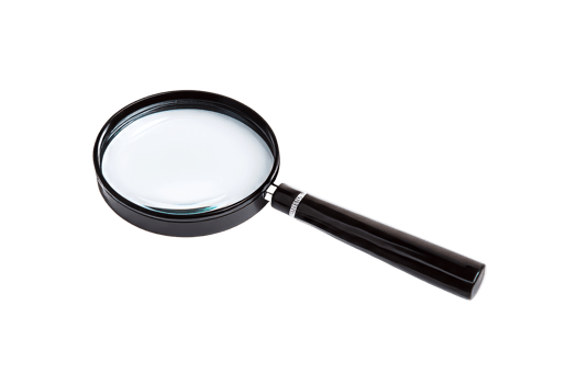 Magnifying glass with black handle on a black background, cut out transparent png