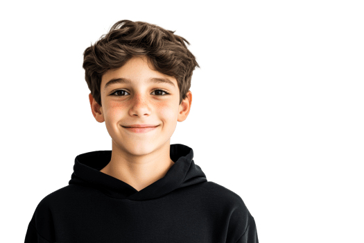 Smiling boy with freckles in hoodie, looking forward, cut out transparent png