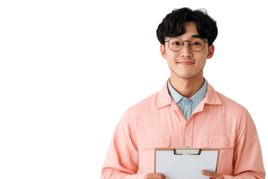 Asian man wearing glasses smiles, holding clipboard, cut out transparent png