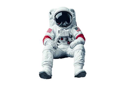 Astronaut sitting wearing space suit, helmet, zero gravity, cut out transparent png