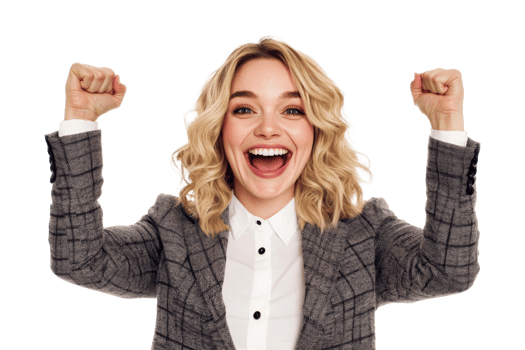 Excited businesswoman celebrating achievement, successful, cut out transparent png
