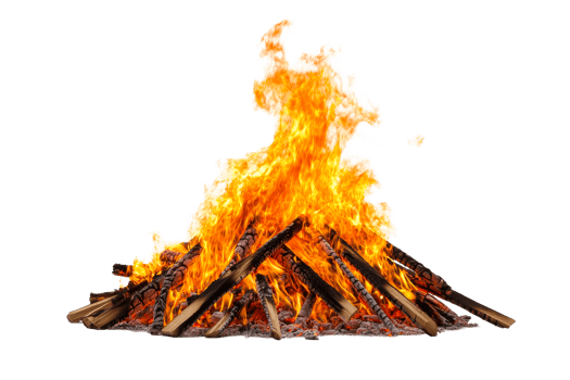 Fiery Campfire with Glowing Embers and Charred Wood, cut out transparent png