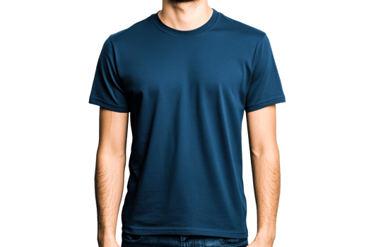 Man poses in navy blue blank t-shirt mockup, studio shot, cut out transparent png