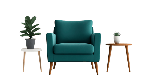 Armchair and Tables with Plants against Black Background, cut out transparent png