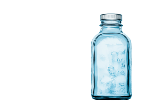 Glass bottle filled sparkling water, bubbles, refreshment, cutout transparent png