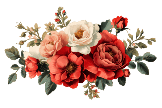 Vintage bouquet of roses and leaves isolated on black background, cut out transparent png