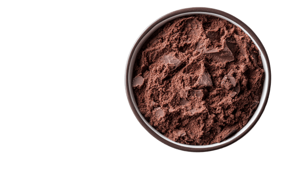 Cocoa powder with chocolate chunks in a bowl, isolated, cut out transparent png