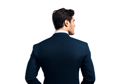 Back view of man in blue suit turns his head, cut out transparent png