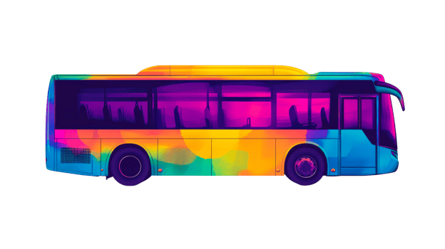 Neon colored bus with empty seats in modern style, cut out transparent png