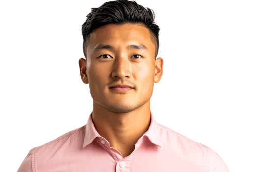 Handsome Asian man in pink shirt posing for camera, cut out transparent png