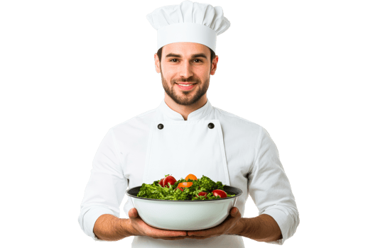 Chef smiling holding salad bowl with vegetables, cut out transparent png